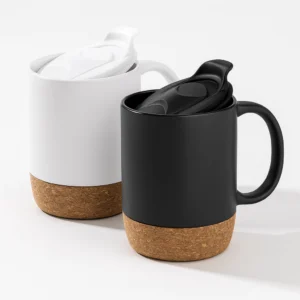 Mug cerámica con base de corcho, personalizable con grabado láser, serigrafía o impresión UV full color, ideal para regalos corporativos